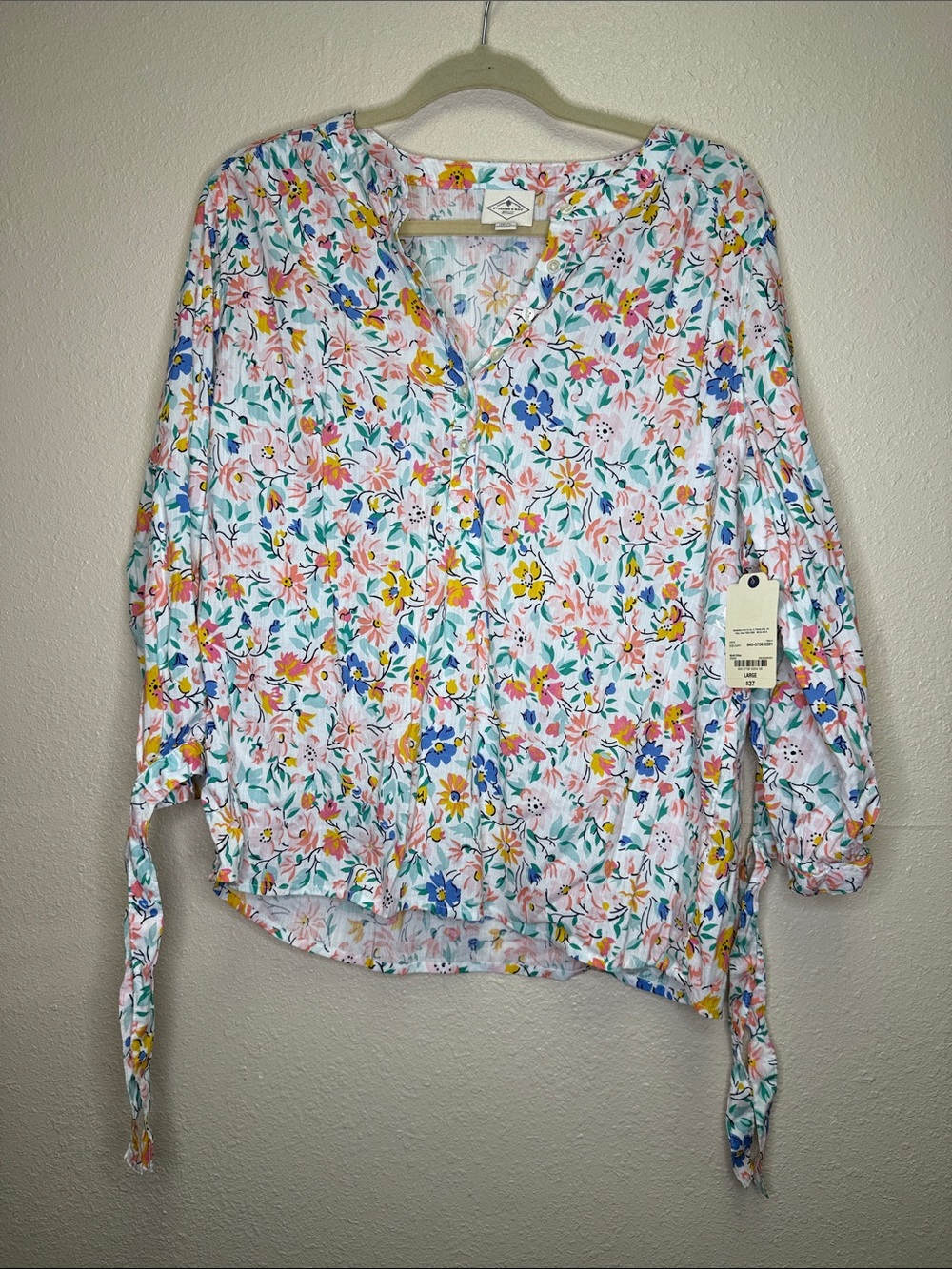 St. John's Bay White Floral Button-Up Blouse with Pink, Yellow & Blue Flowers